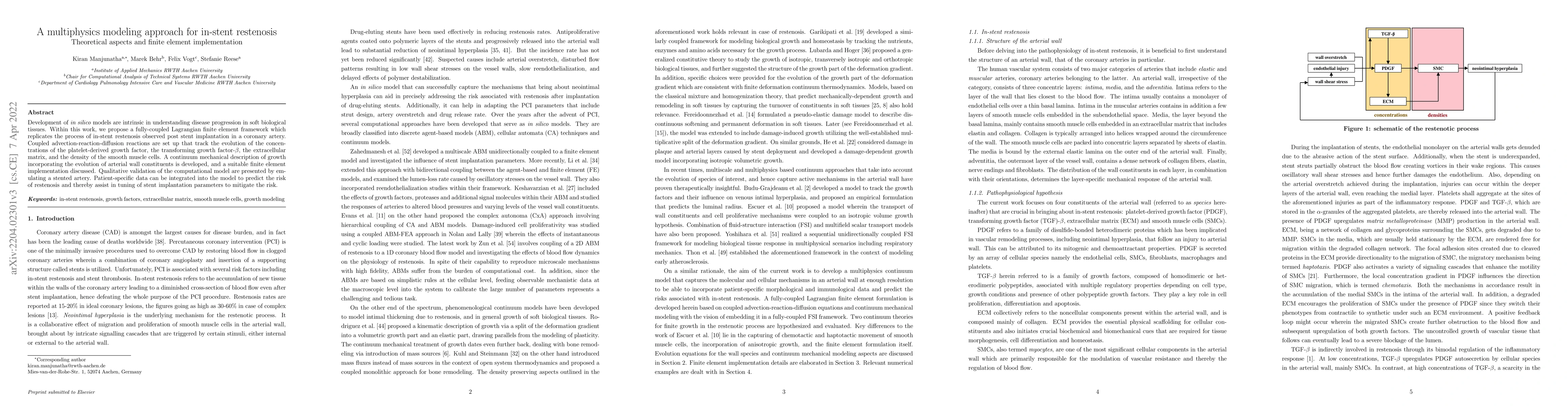 Thumbnail for A multiphysics modeling approach for in-stent restenosis: Theoretical
  aspects and finite element implementation
