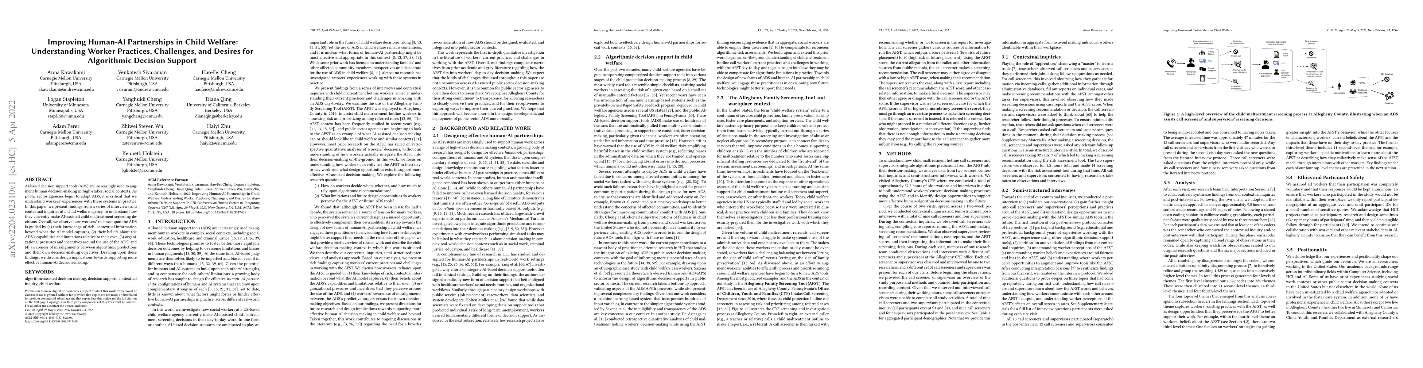 Thumbnail for Improving Human-AI Partnerships in Child Welfare: Understanding Worker
  Practices, Challenges, and Desires for Algorithmic Decision Support