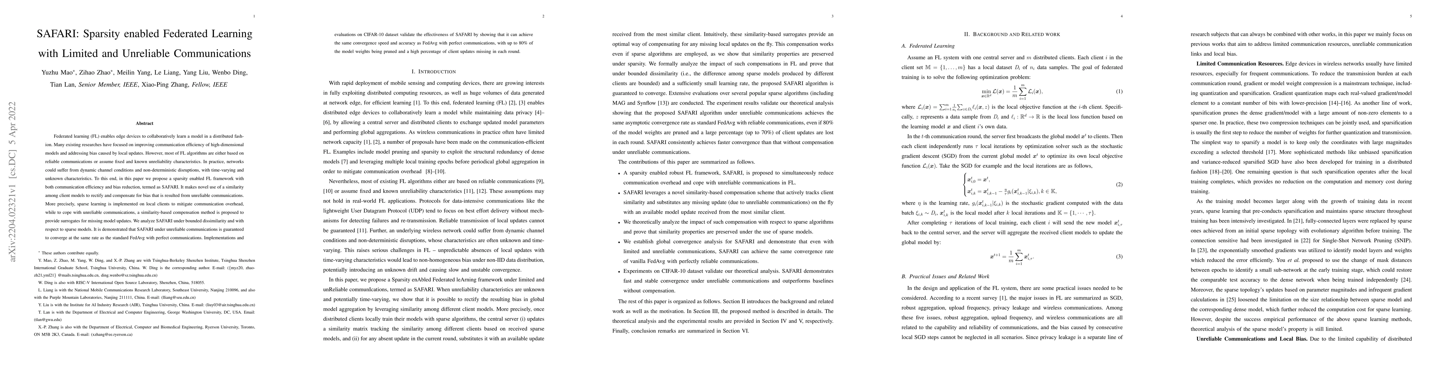 Thumbnail for SAFARI: Sparsity enabled Federated Learning with Limited and Unreliable
  Communications