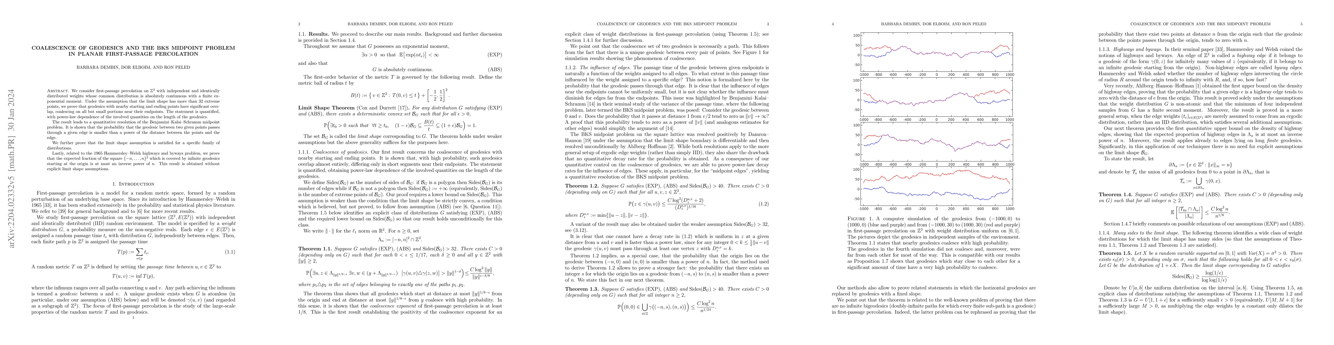 Thumbnail for Coalescence of geodesics and the BKS midpoint problem in planar
  first-passage percolation