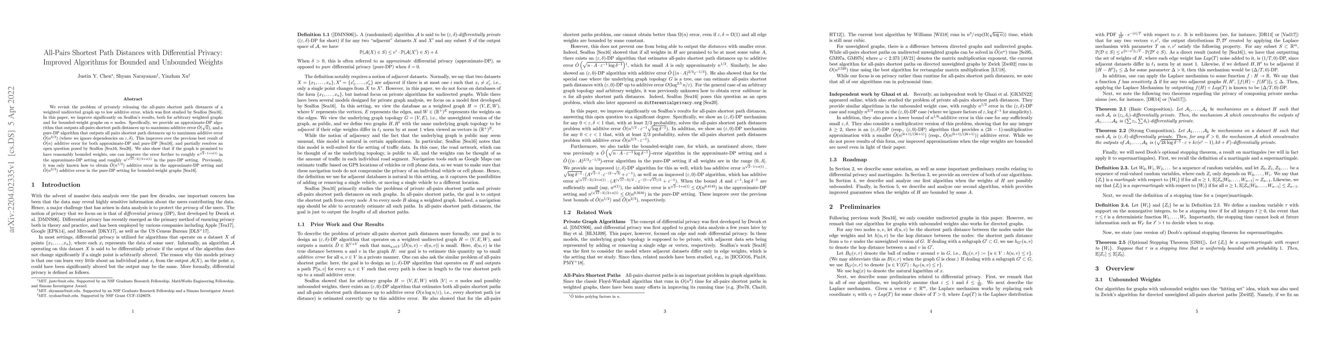 Thumbnail for All-Pairs Shortest Path Distances with Differential Privacy: Improved
  Algorithms for Bounded and Unbounded Weights