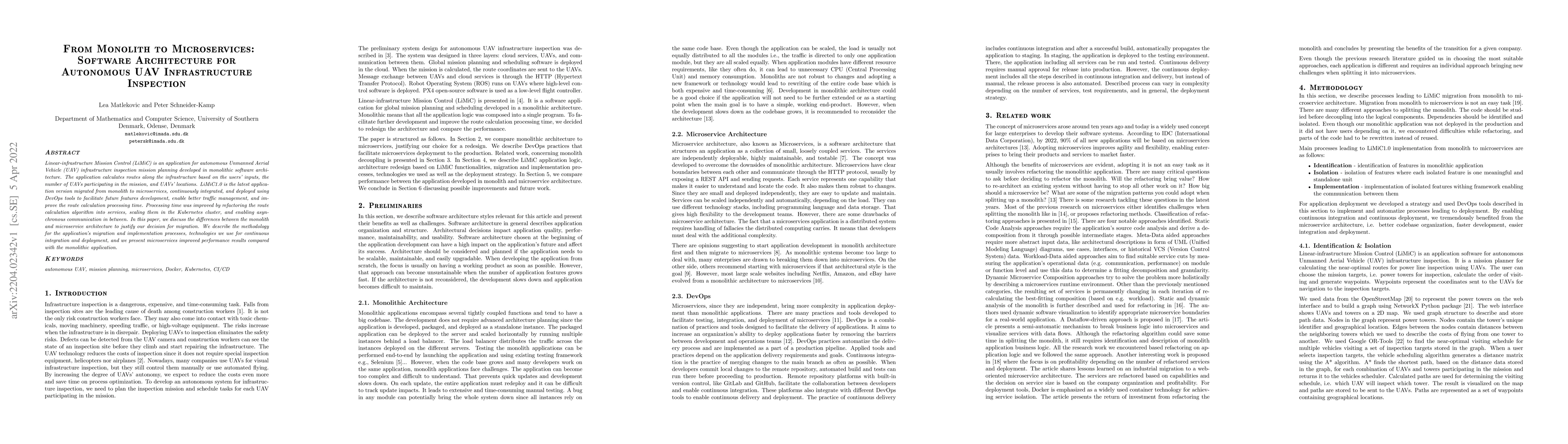 Thumbnail for From Monolith to Microservices: Software Architecture for Autonomous UAV
  Infrastructure Inspection