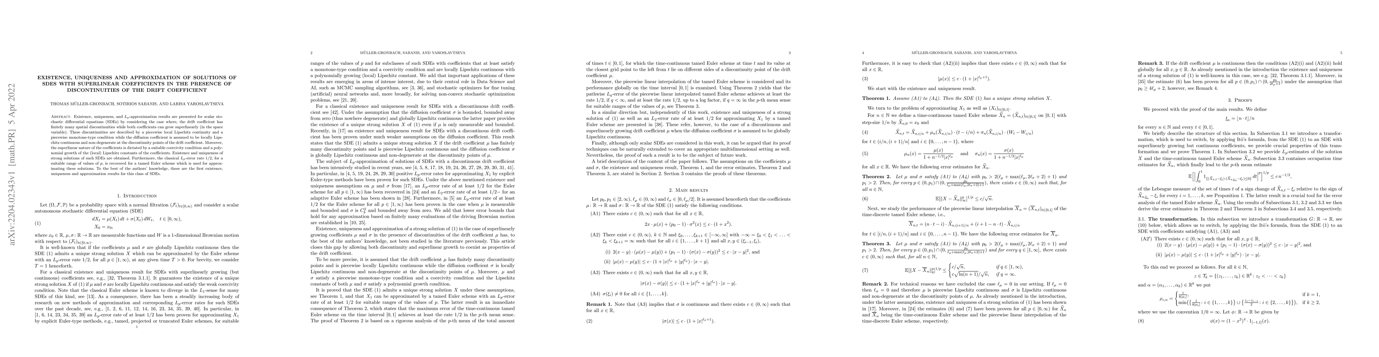 Thumbnail for Existence, uniqueness and approximation of solutions of SDEs with
  superlinear coefficients in the presence of discontinuities of the drift
  coefficient