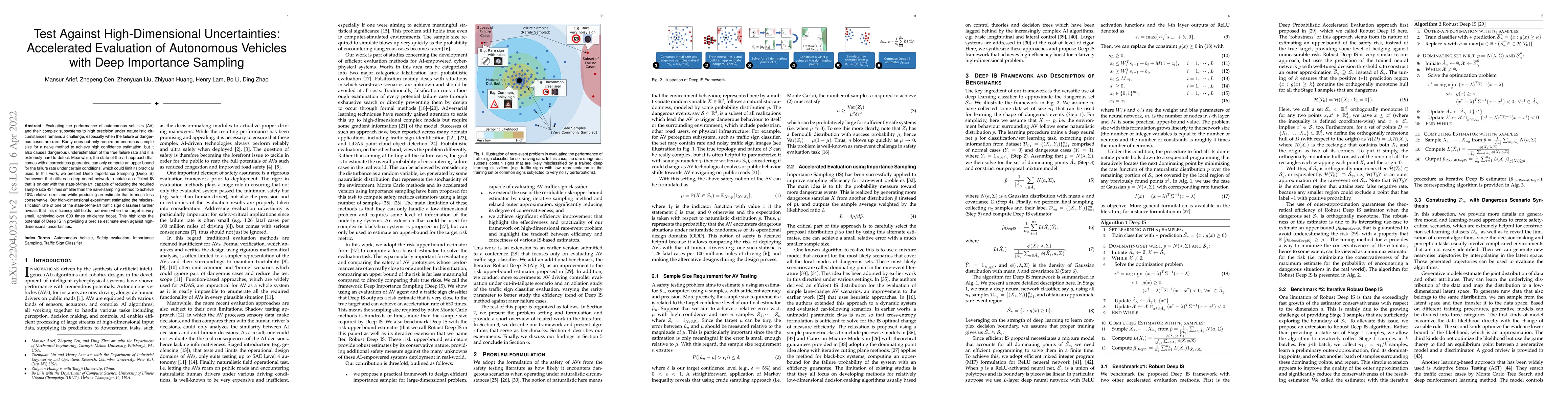 Thumbnail for Test Against High-Dimensional Uncertainties: Accelerated Evaluation of
  Autonomous Vehicles with Deep Importance Sampling