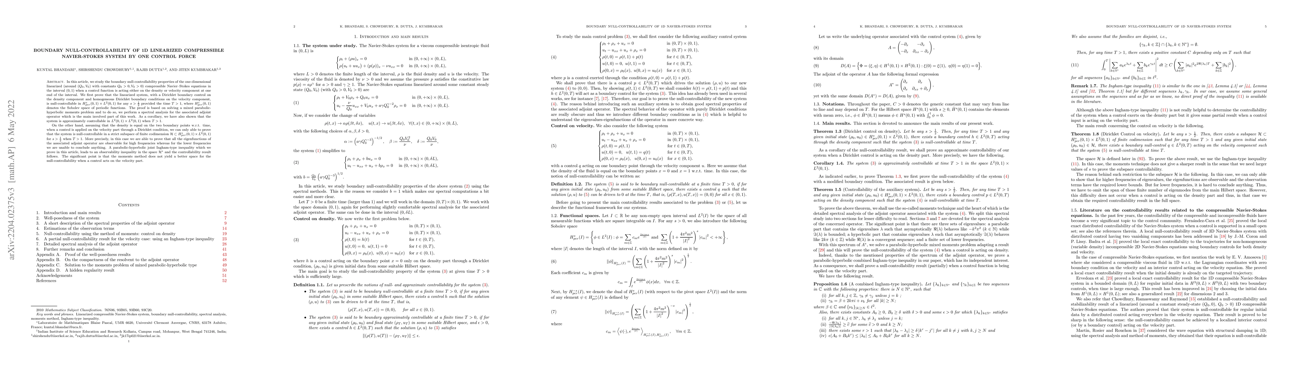 Thumbnail for Boundary null-controllability of 1d linearized compressible
  Navier-Stokes system by one control force