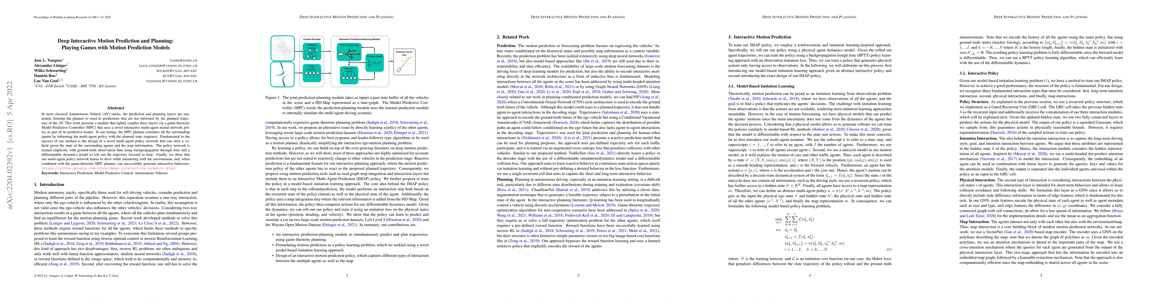 Thumbnail for Deep Interactive Motion Prediction and Planning: Playing Games with
  Motion Prediction Models