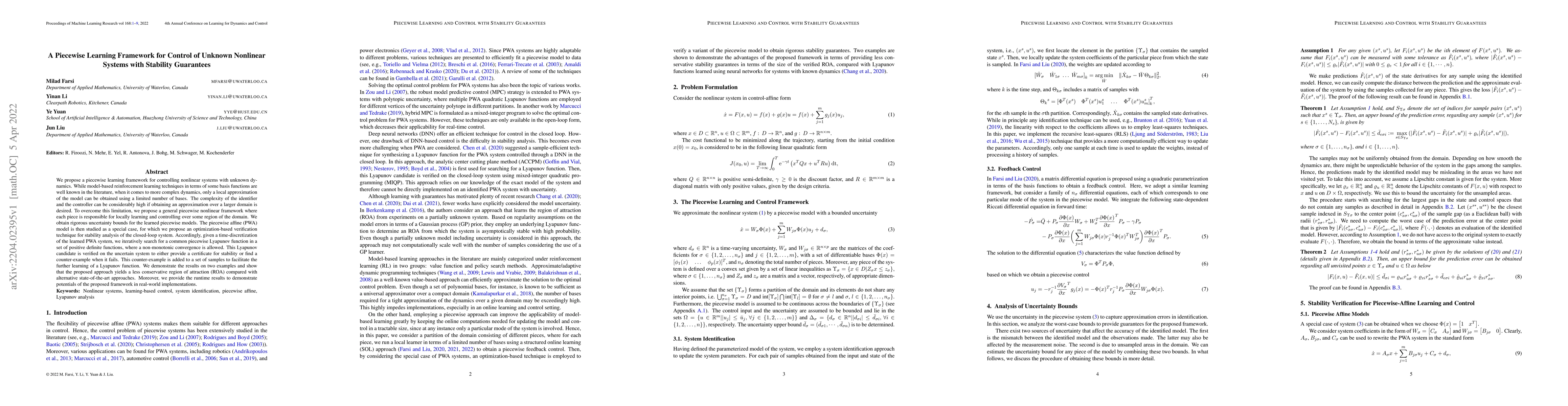 Thumbnail for A Piecewise Learning Framework for Control of Unknown Nonlinear Systems
  with Stability Guarantees