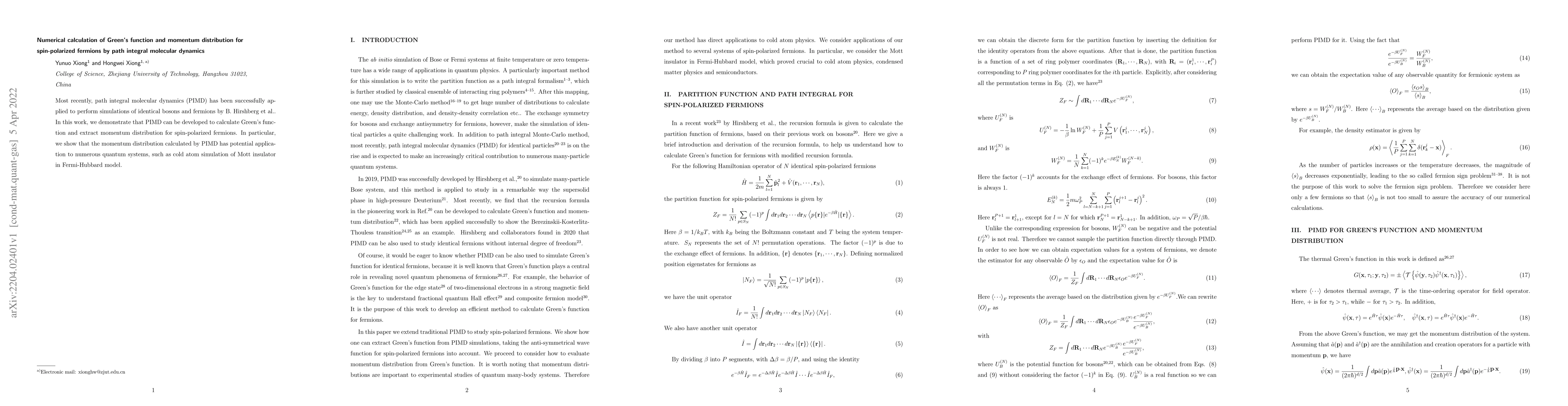 Thumbnail for Numerical calculation of Green's function and momentum distribution for
  spin-polarized fermions by path integral molecular dynamics