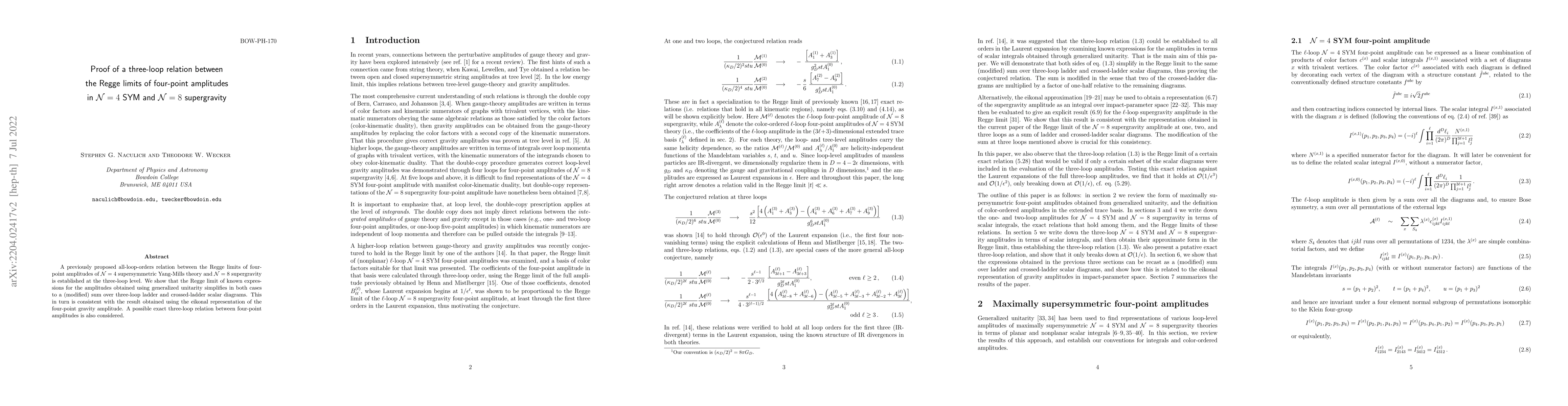 Thumbnail for Proof of a three-loop relation between the Regge limits of four-point
  amplitudes in N=4 SYM and N=8 supergravity