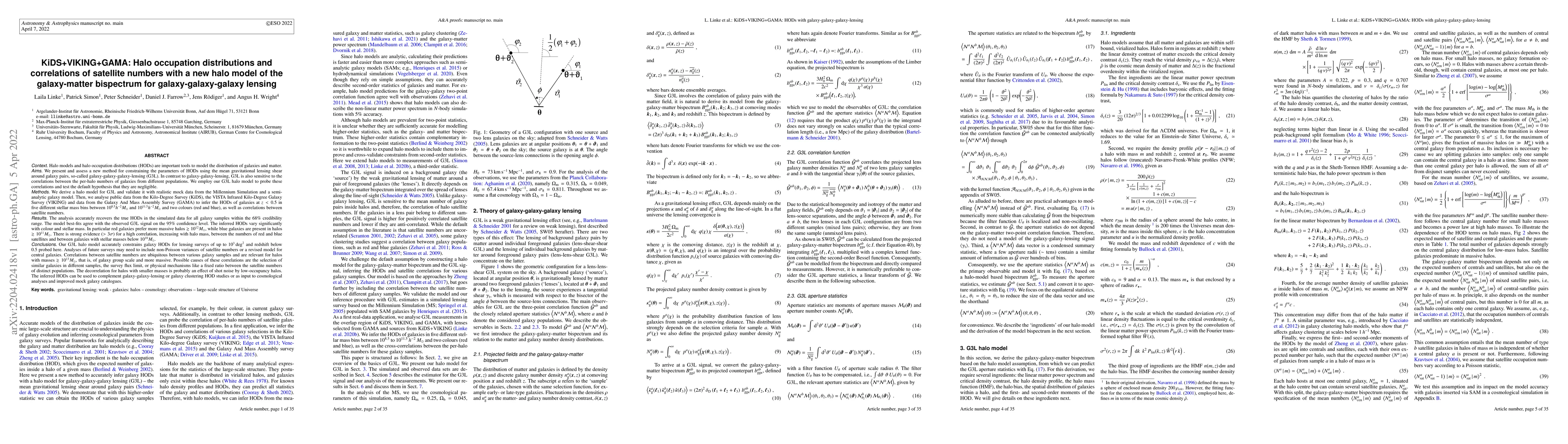 Thumbnail for KiDS+VIKING+GAMA: Halo occupation distributions and correlations of
  satellite numbers with a new halo model of the galaxy-matter bispectrum for
  galaxy-galaxy-galaxy lensing