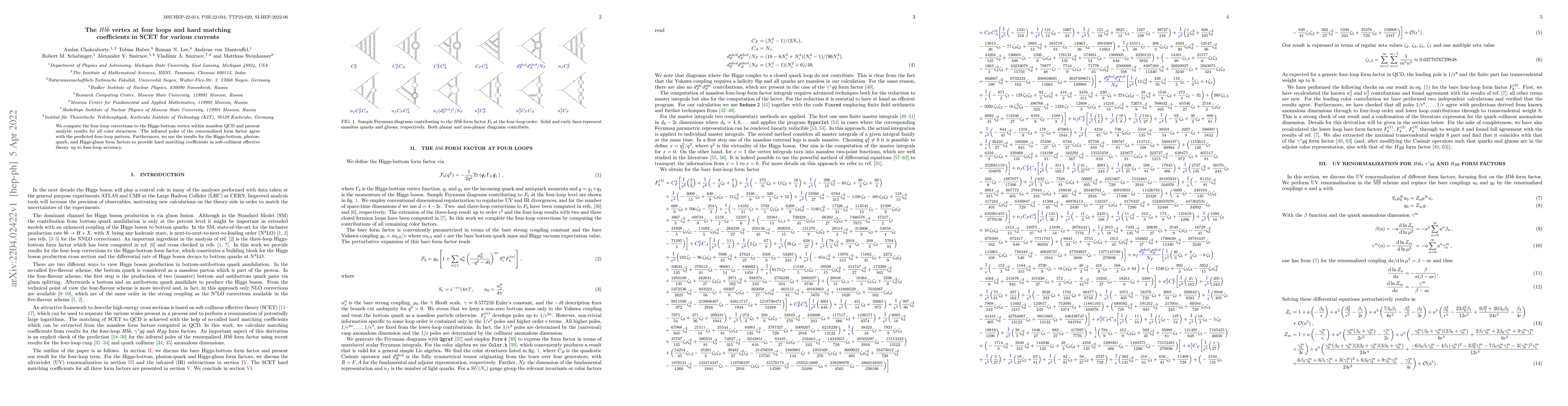 Thumbnail for The $Hb\bar{b}$ vertex at four loops and hard matching coefficients in
  SCET for various currents