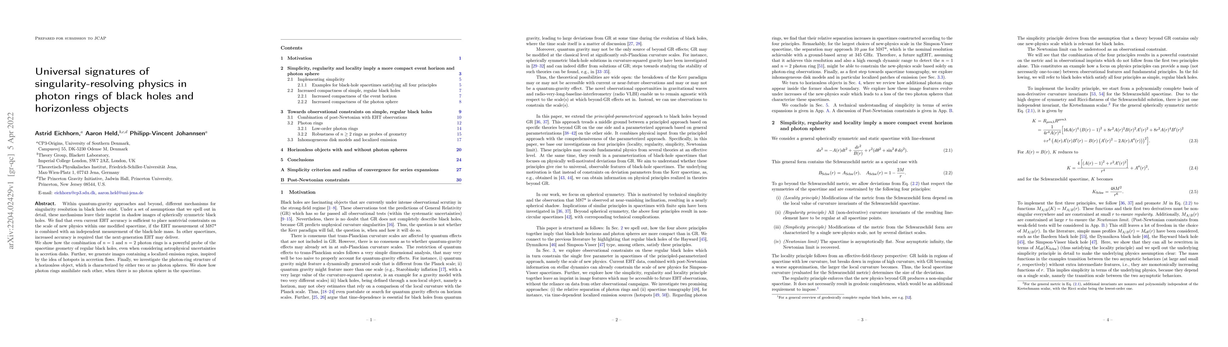 Thumbnail for Universal signatures of singularity-resolving physics in photon rings of
  black holes and horizonless objects