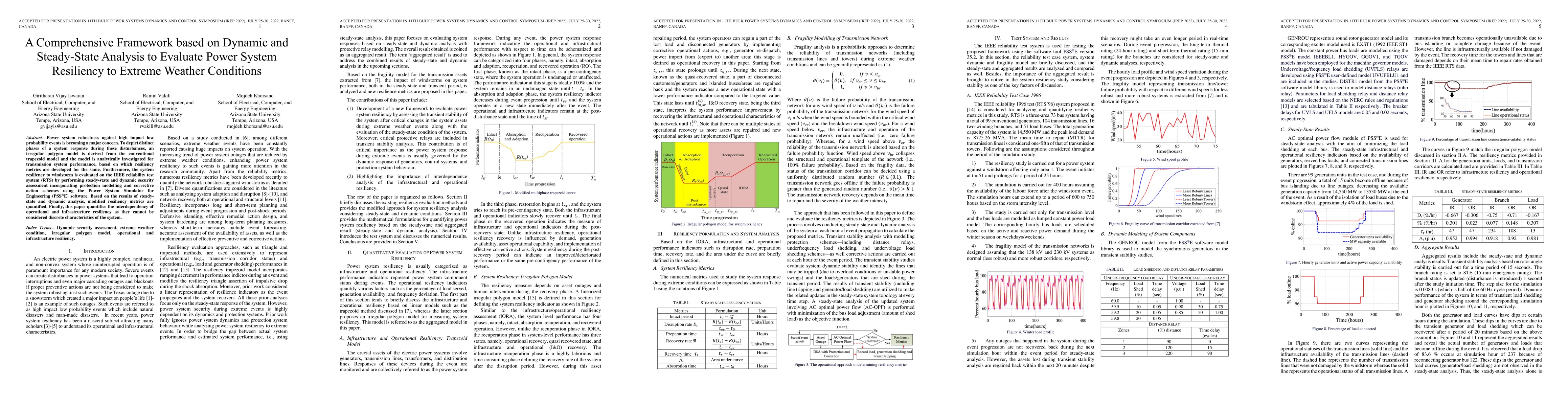 Thumbnail for A Comprehensive Framework based on Dynamic and Steady State Analysis to
  Evaluate Power System Resiliency to Extreme Weather Conditions