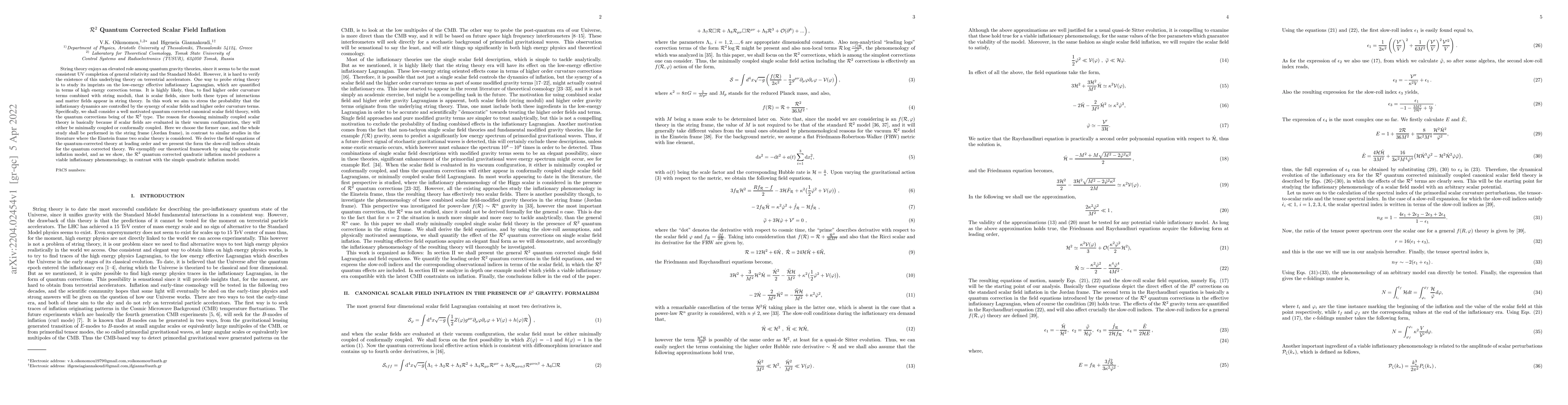 Thumbnail for $\mathcal{R}^2$ Quantum Corrected Scalar Field Inflation