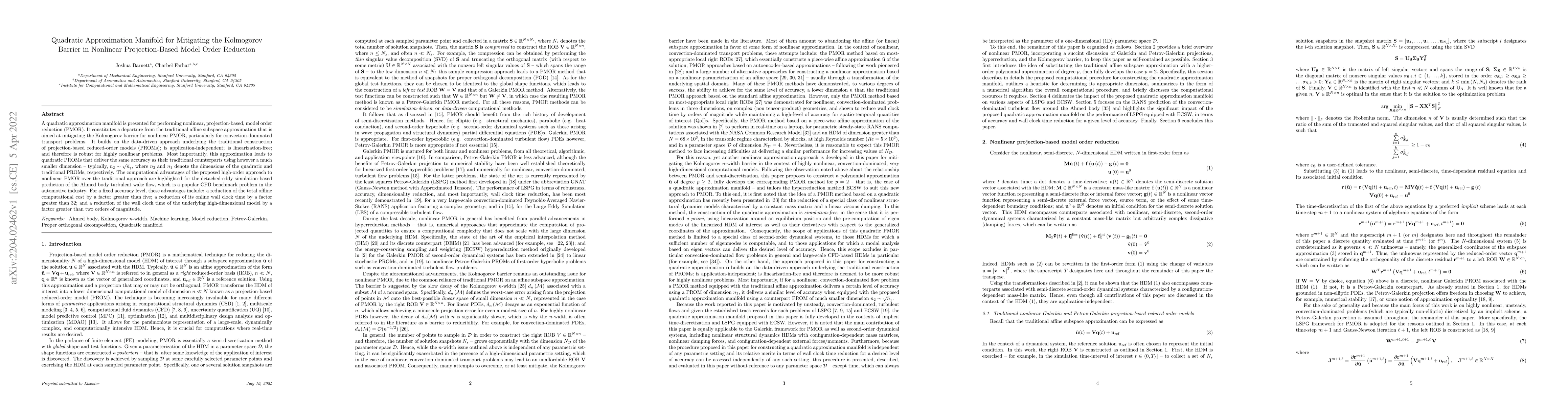 Thumbnail for Quadratic Approximation Manifold for Mitigating the Kolmogorov Barrier
  in Nonlinear Projection-Based Model Order Reduction