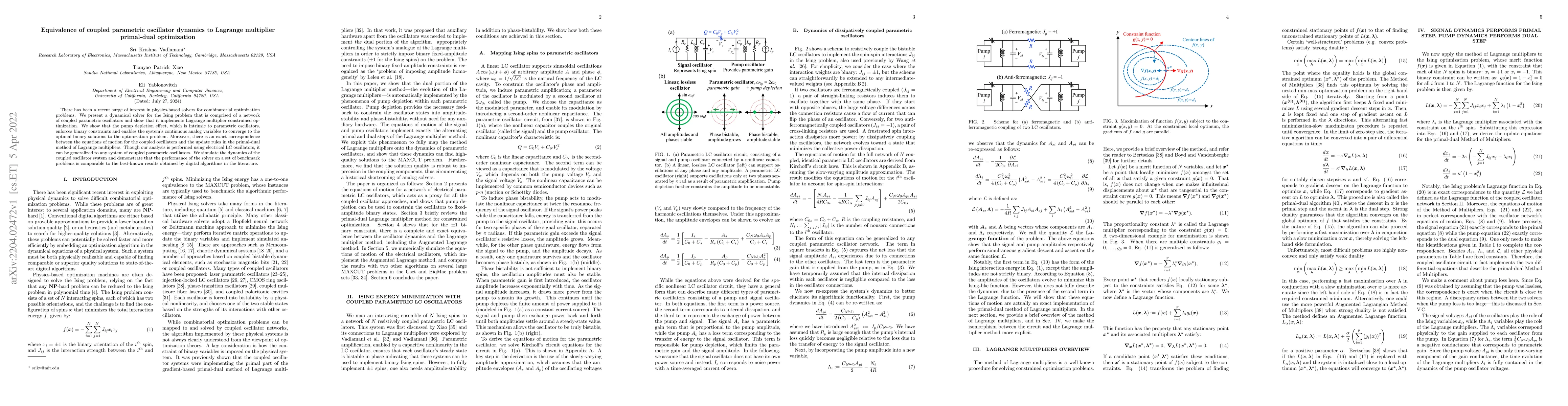 Thumbnail for Equivalence of coupled parametric oscillator dynamics to Lagrange
  multiplier primal-dual optimization