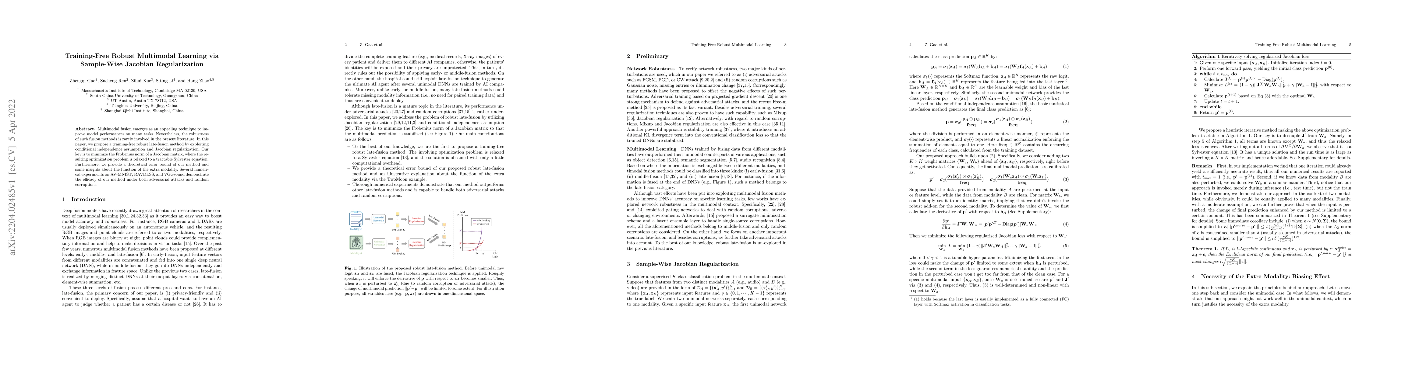 Thumbnail for Training-Free Robust Multimodal Learning via Sample-Wise Jacobian
  Regularization