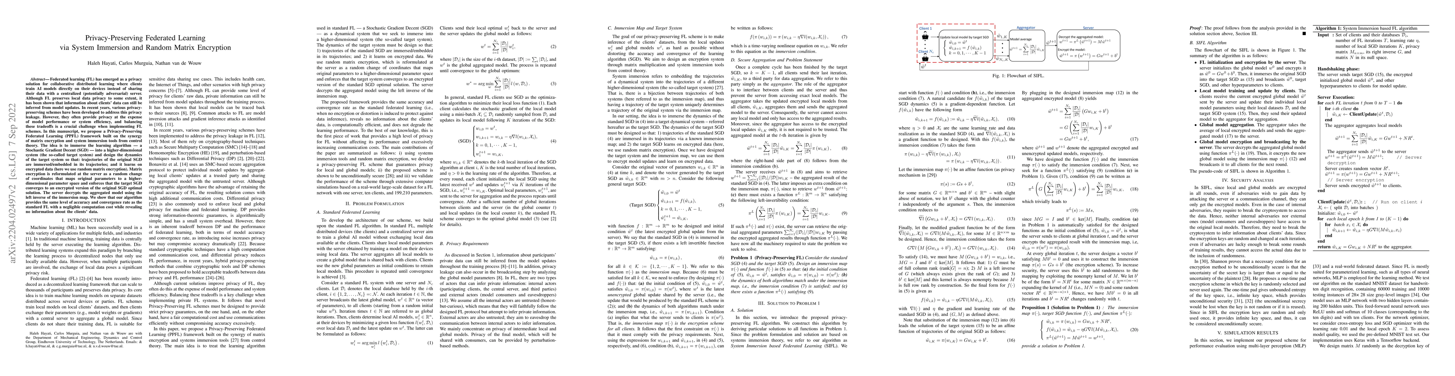 Thumbnail for Privacy-Preserving Federated Learning via System Immersion and Random
  Matrix Encryption