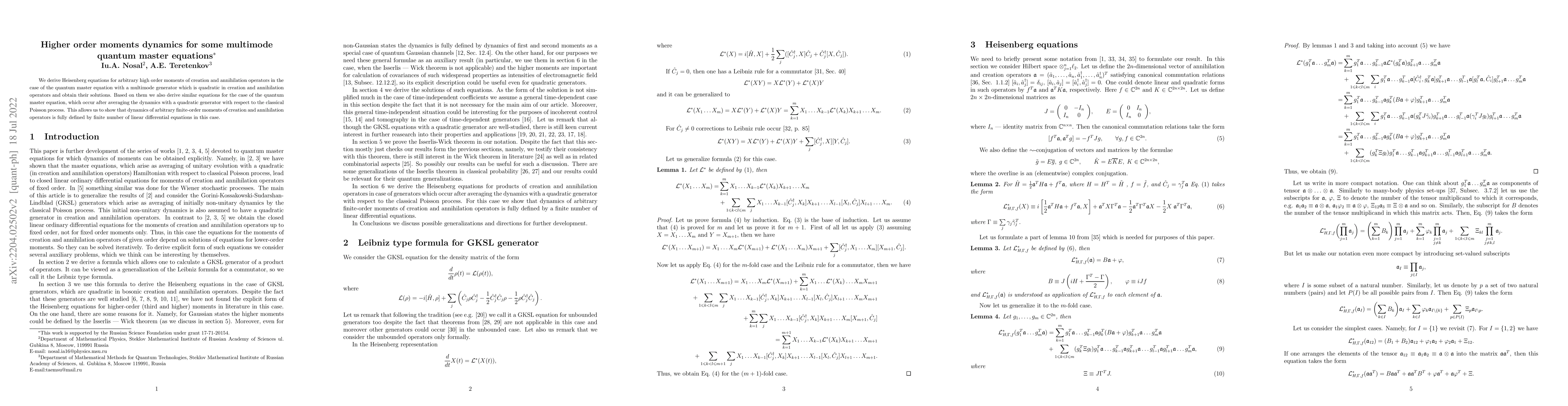 Thumbnail for Higher order moments dynamics for some multimode quantum master
  equations