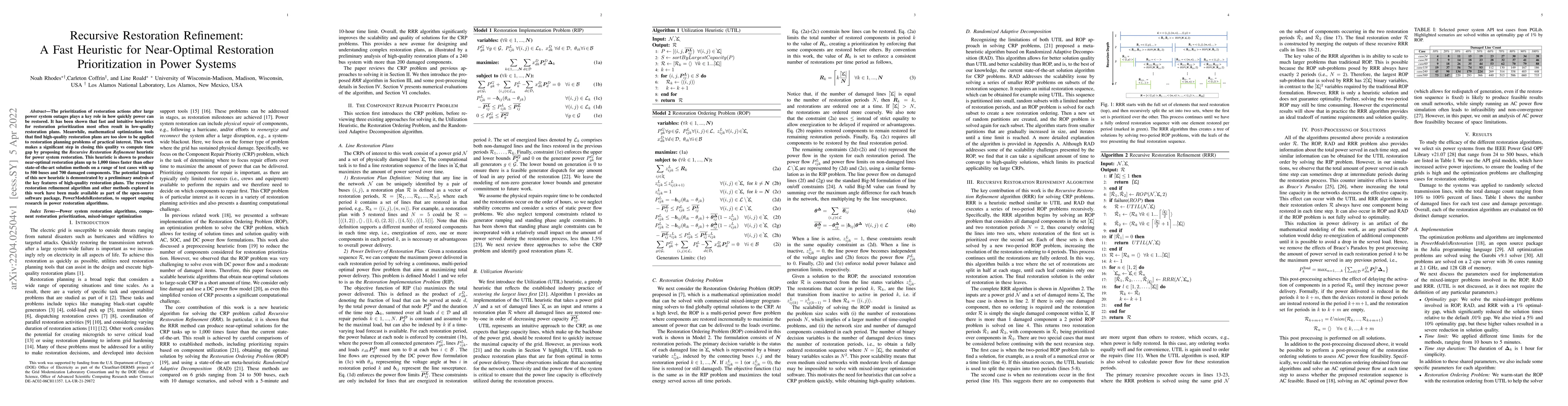 Thumbnail for Recursive Restoration Refinement: A Fast Heuristic for Near-Optimal
  Restoration Prioritization in Power Systems