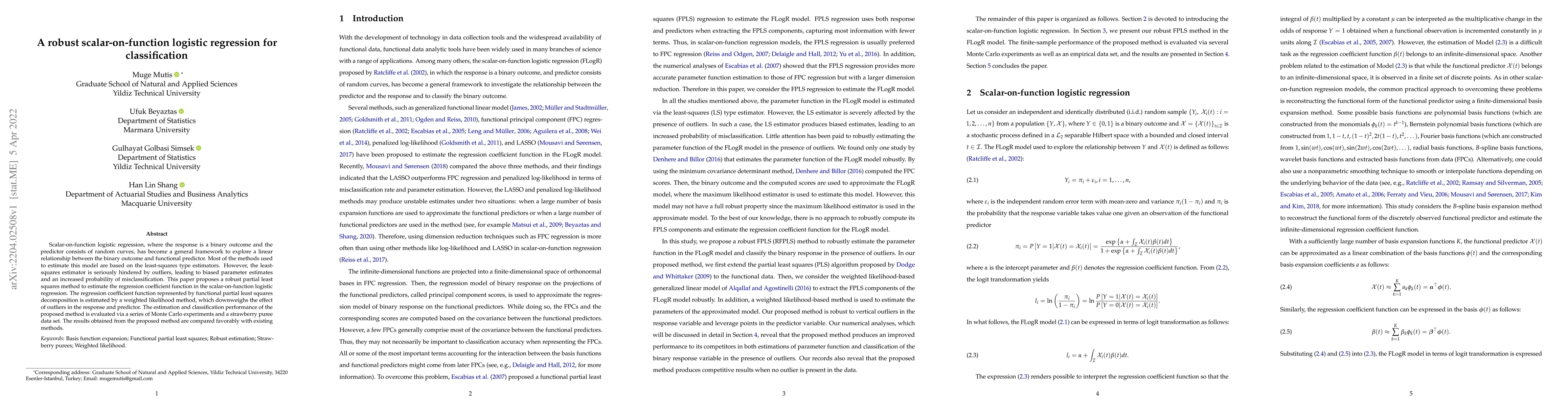 Thumbnail for A robust scalar-on-function logistic regression for classification