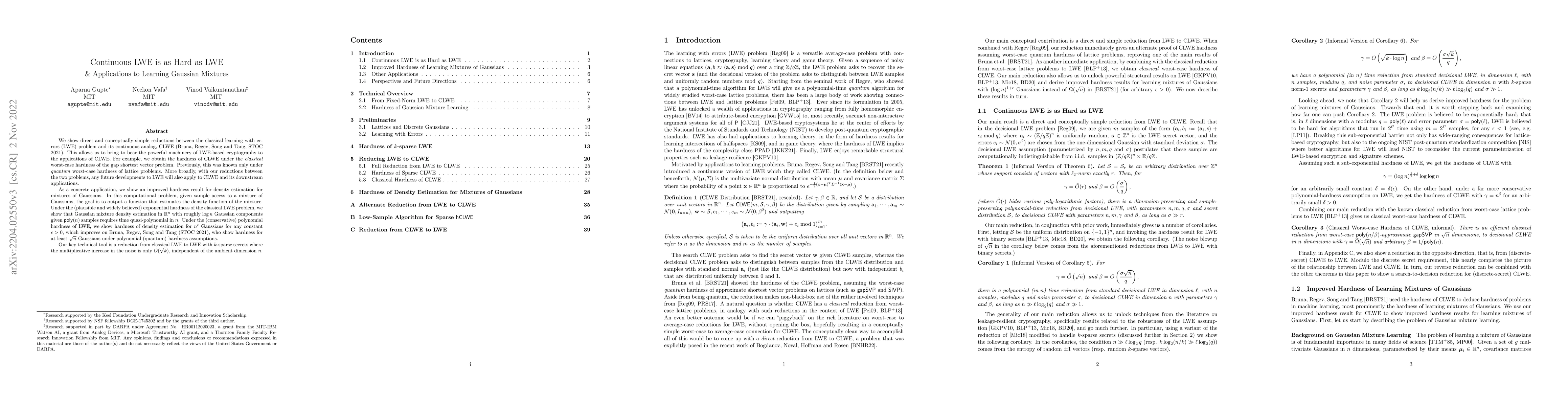 Thumbnail for Continuous LWE is as Hard as LWE & Applications to Learning Gaussian
  Mixtures