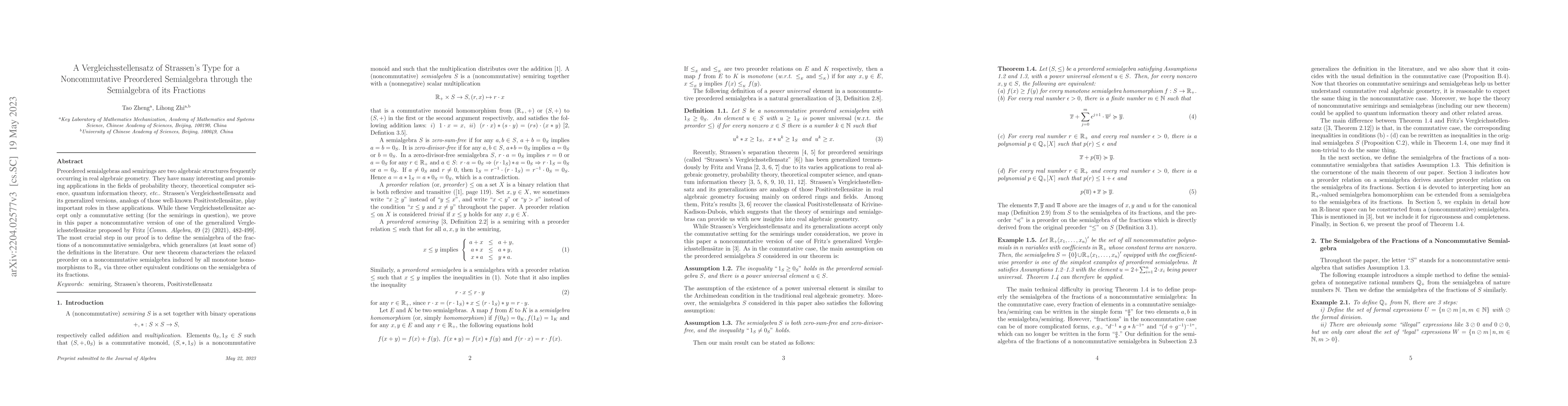 Thumbnail for A Vergleichsstellensatz of Strassen's Type for a Noncommutative
  Preordered Semialgebra through the Semialgebra of its Fractions