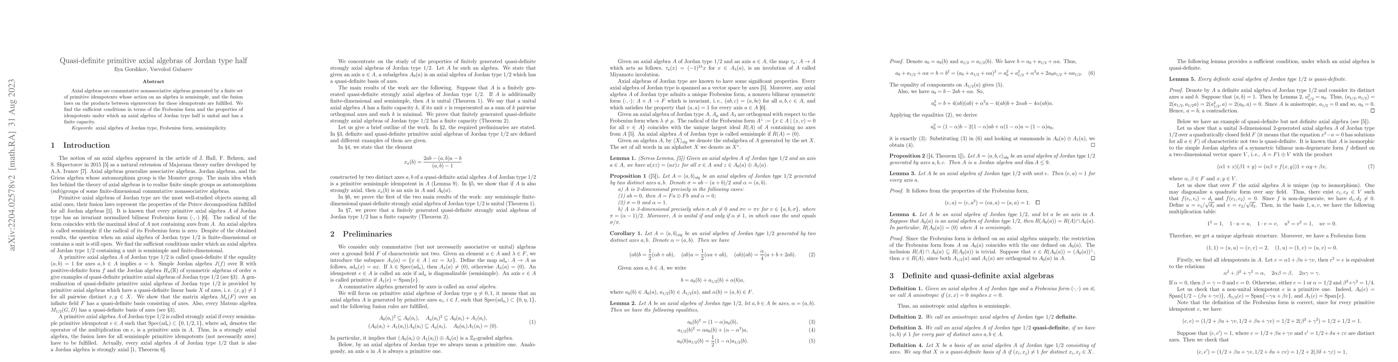 Thumbnail for Quasi-definite axial algebras of Jordan type half