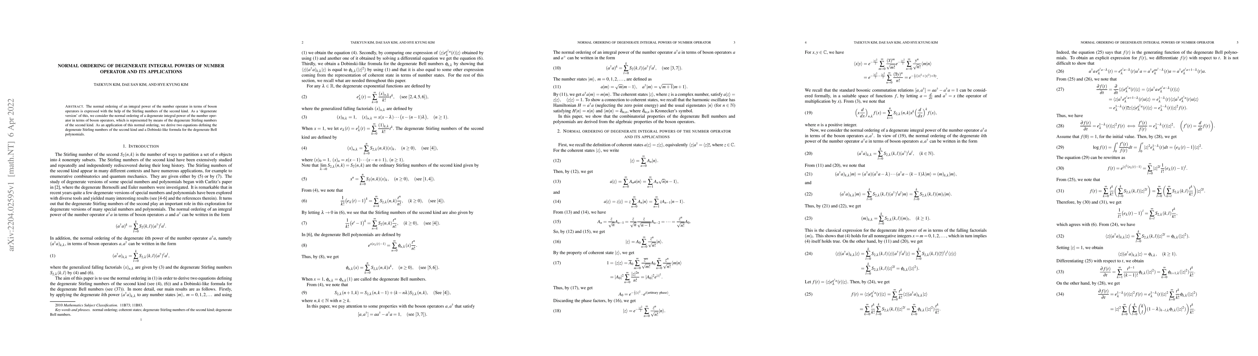 Thumbnail for Normal ordering of degenerate integral powers of number operator and its
  applications
