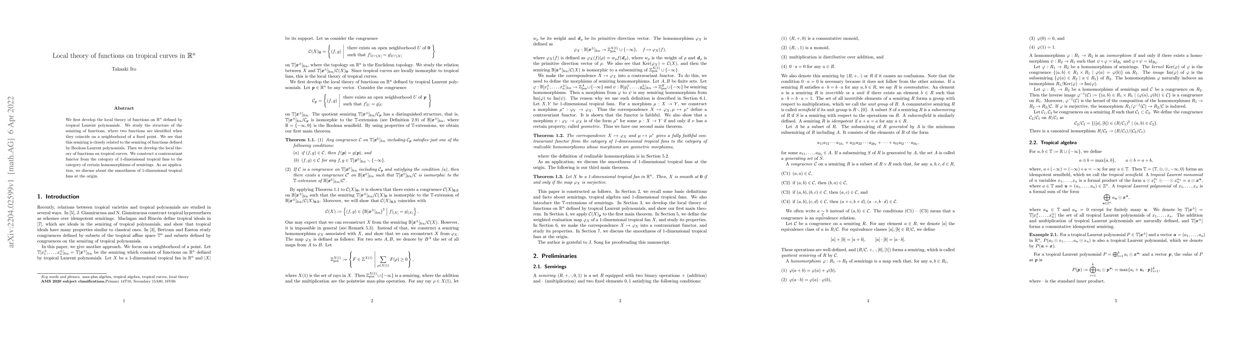 Thumbnail for Local theory of functions on tropical curves in $\mathbb R^n$