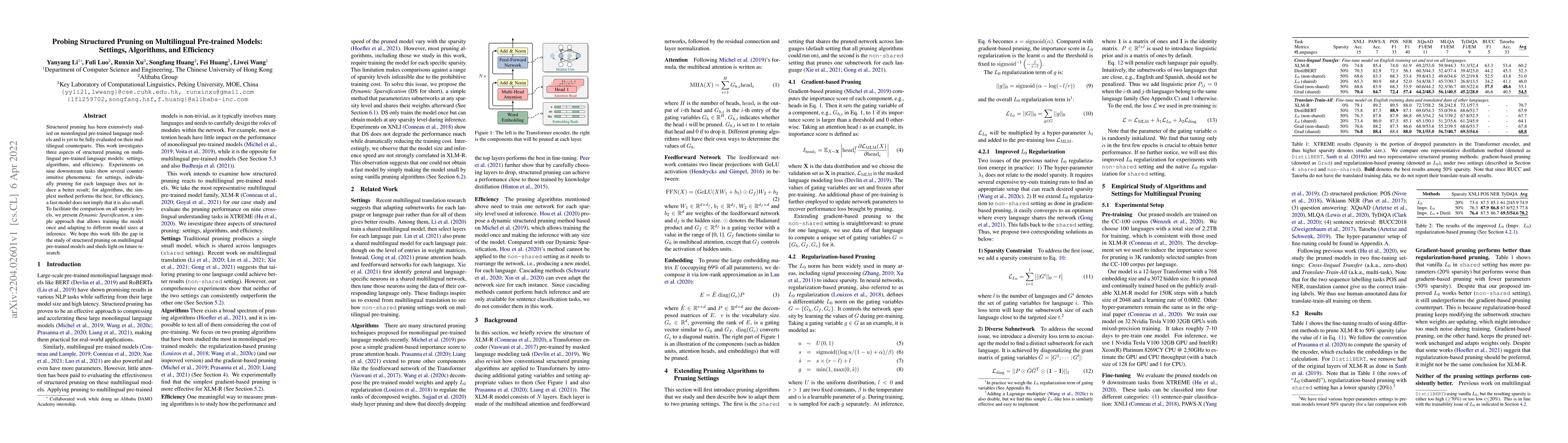Thumbnail for Probing Structured Pruning on Multilingual Pre-trained Models: Settings,
  Algorithms, and Efficiency