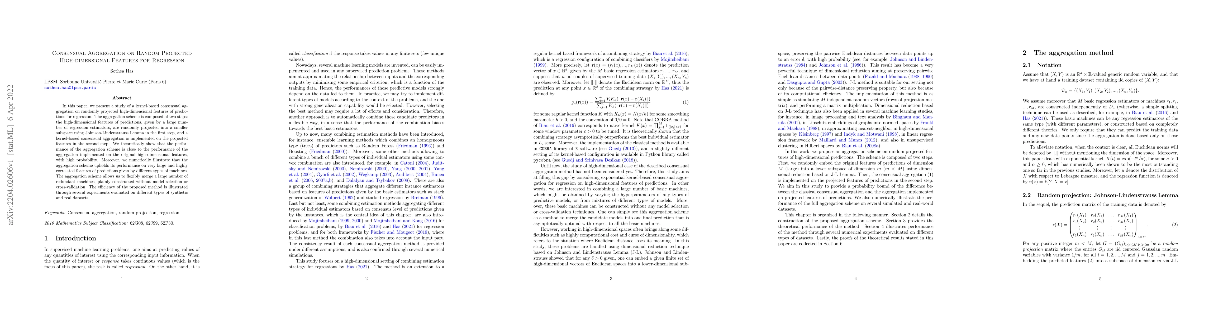 Thumbnail for Consensual Aggregation on Random Projected High-dimensional Features for
  Regression