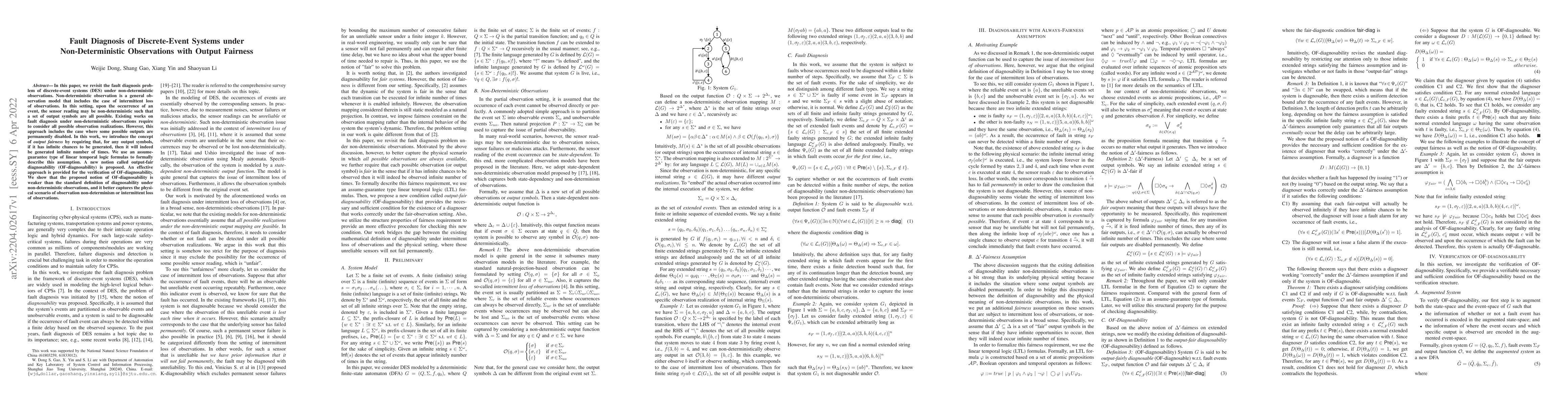 Thumbnail for Fault Diagnosis of Discrete-Event Systems under Non-Deterministic
  Observations with Output Fairness