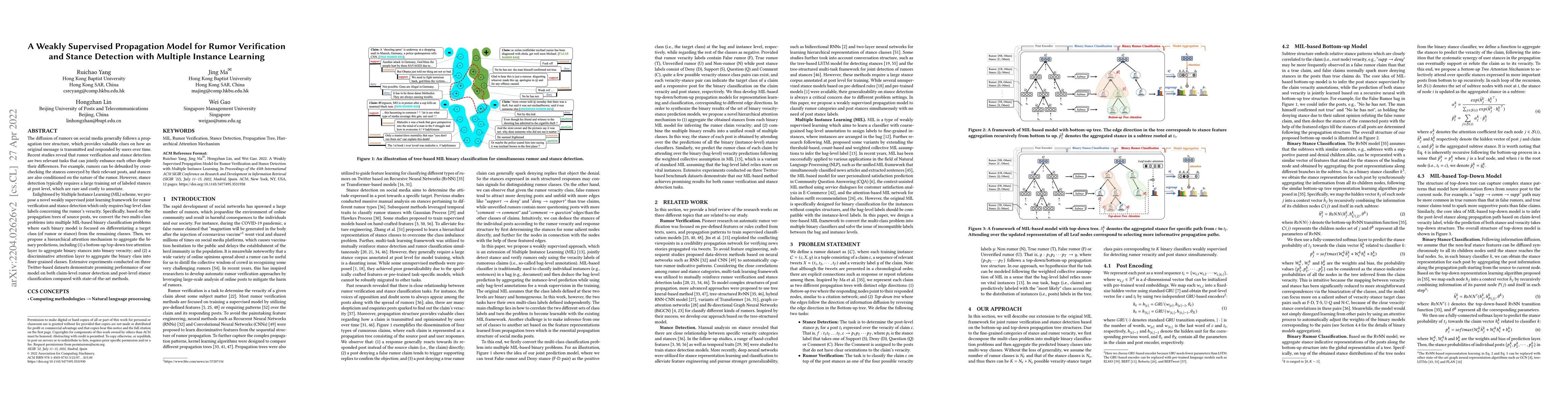 Thumbnail for A Weakly Supervised Propagation Model for Rumor Verification and Stance
  Detection with Multiple Instance Learning