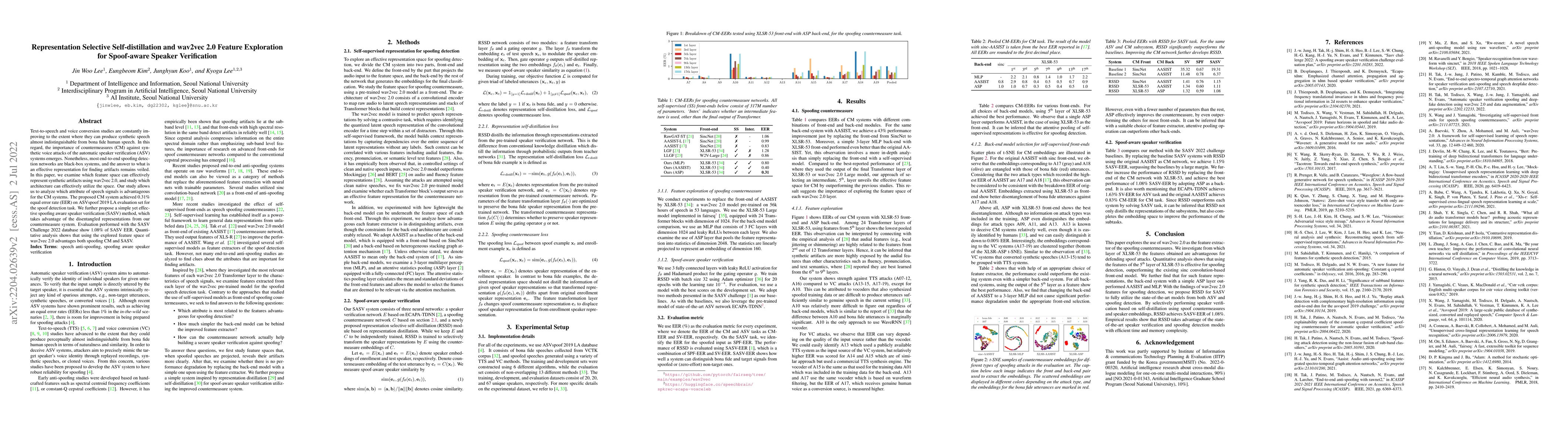 Thumbnail for Representation Selective Self-distillation and wav2vec 2.0 Feature
  Exploration for Spoof-aware Speaker Verification