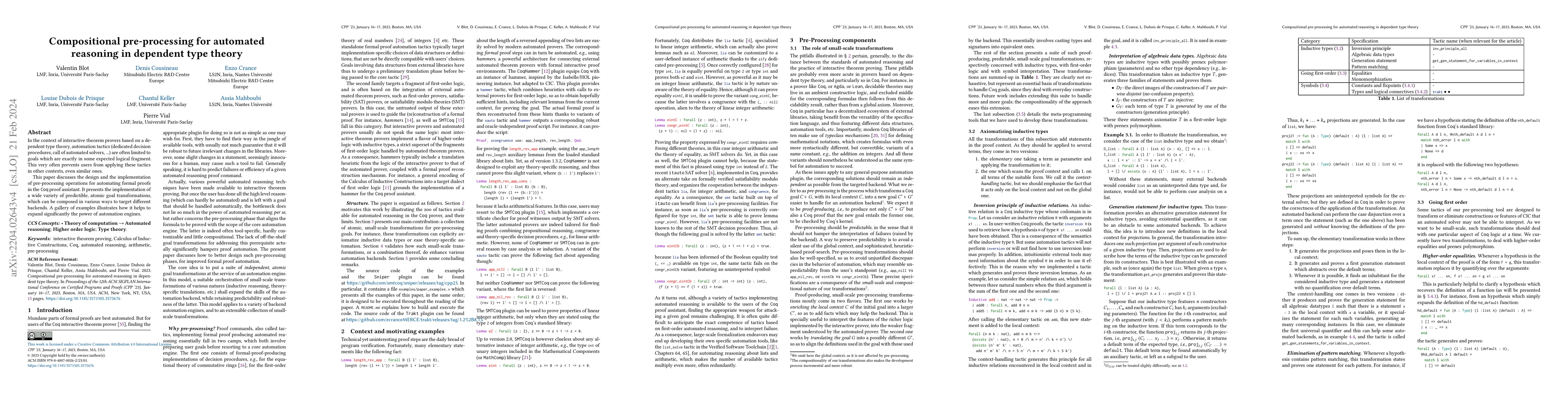 Thumbnail for Compositional pre-processing for automated reasoning in dependent type
  theory