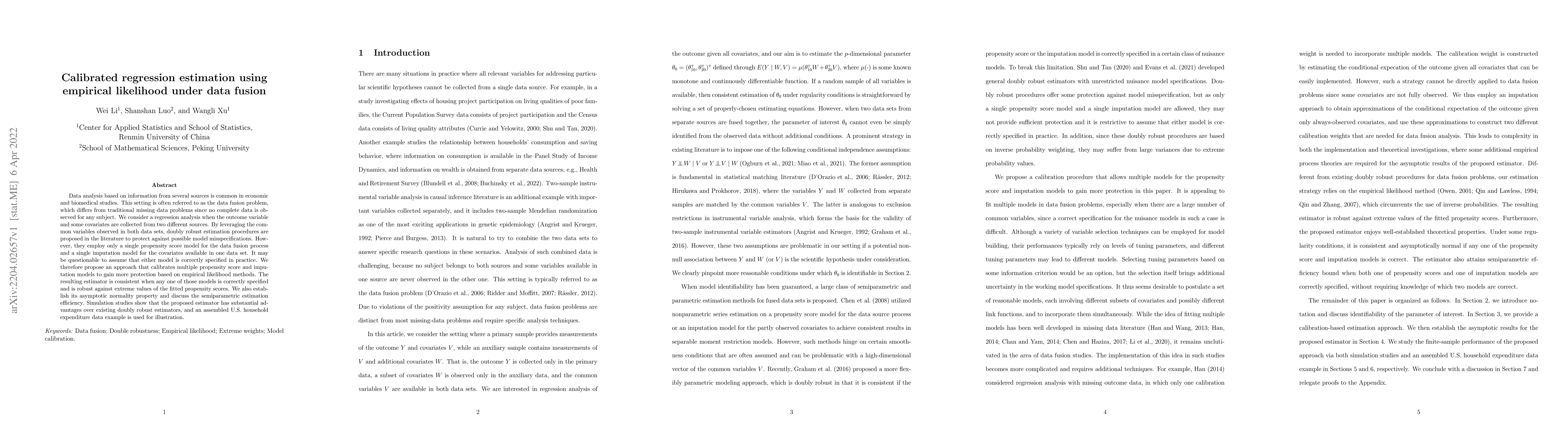 Thumbnail for Calibrated regression estimation using empirical likelihood under data
  fusion