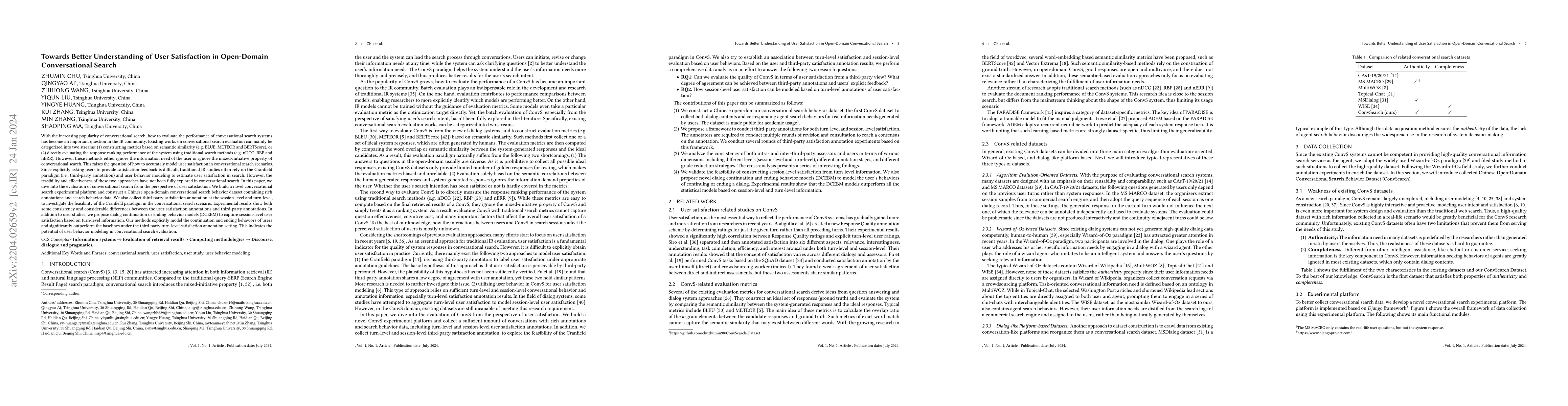 Thumbnail for Towards Better Understanding of User Satisfaction in Open-Domain
  Conversational Search