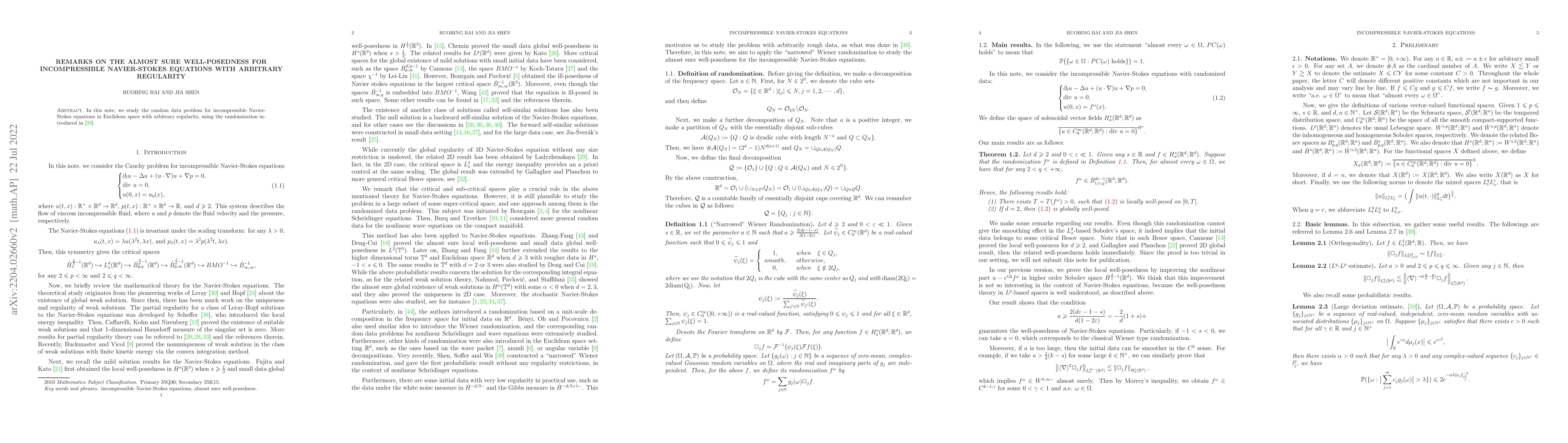 Thumbnail for Remarks on the almost sure well-posedness for incompressible
  Navier-Stokes equations with arbitrary regularity