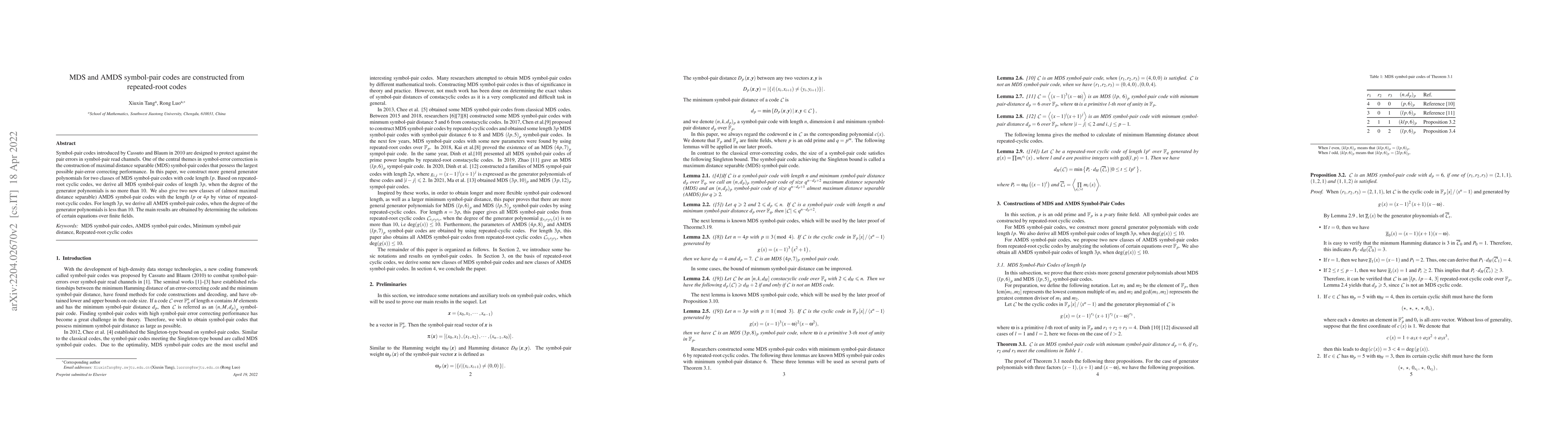 Thumbnail for MDS and AMDS symbol-pair codes are constructed from repeated-root codes
