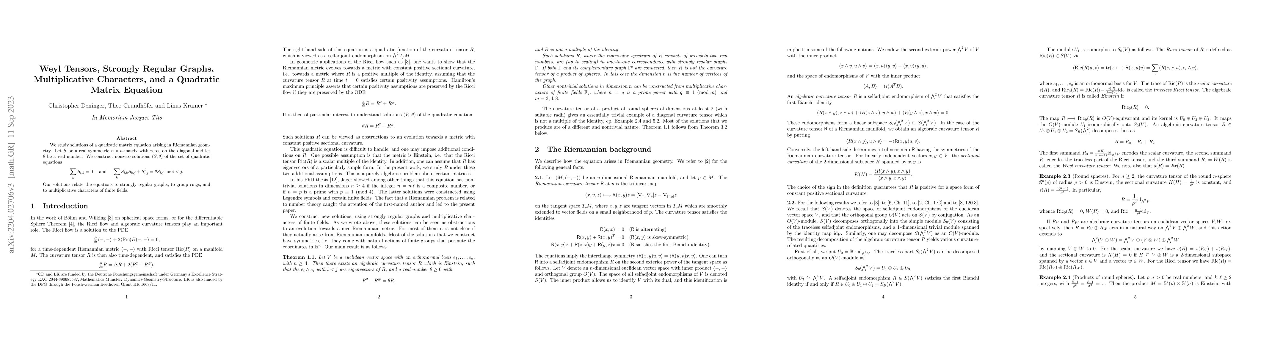 Thumbnail for Weyl Tensors, Strongly Regular Graphs, Multiplicative Characters, and a
  Quadratic Matrix Equation