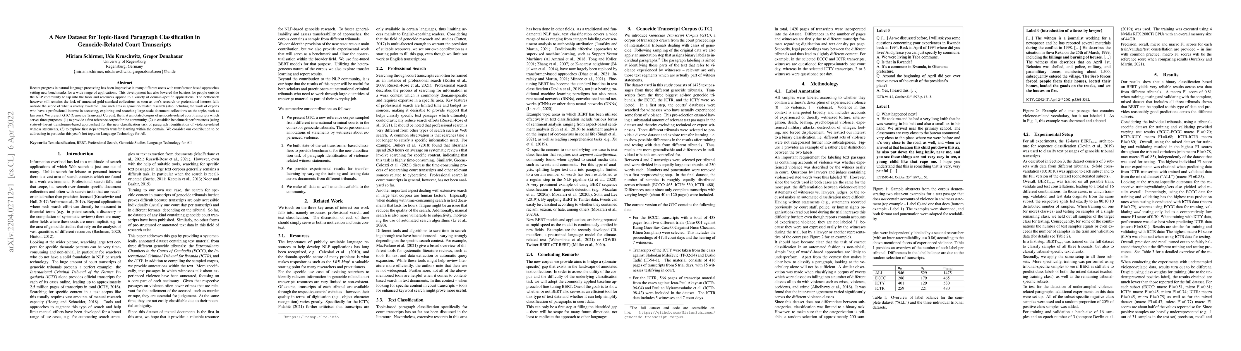 Thumbnail for A New Dataset for Topic-Based Paragraph Classification in
  Genocide-Related Court Transcripts