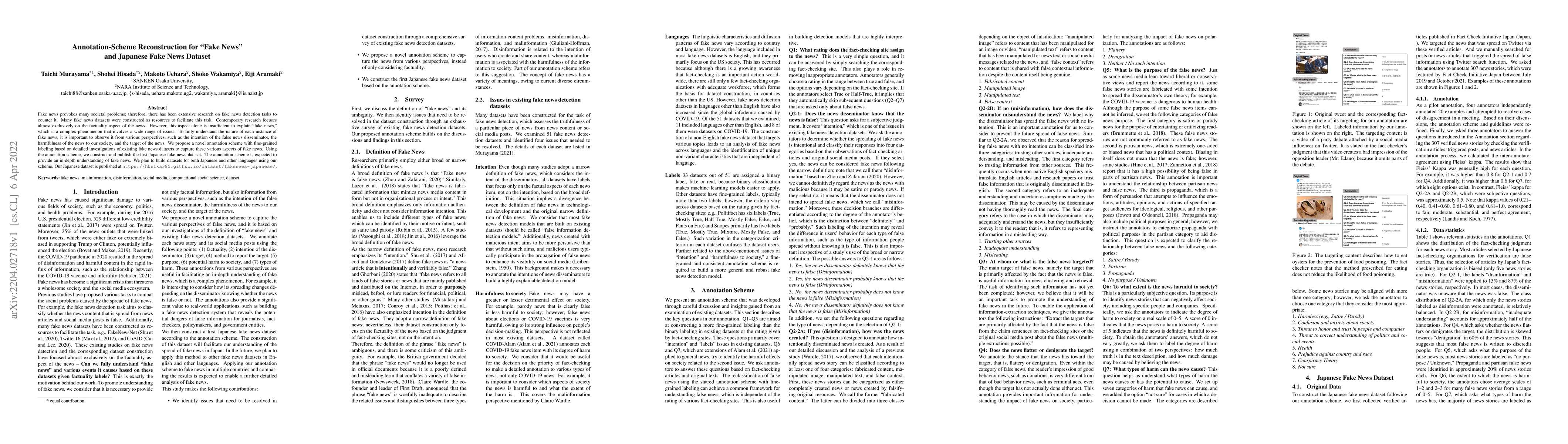 Thumbnail for Annotation-Scheme Reconstruction for "Fake News" and Japanese Fake News
  Dataset
