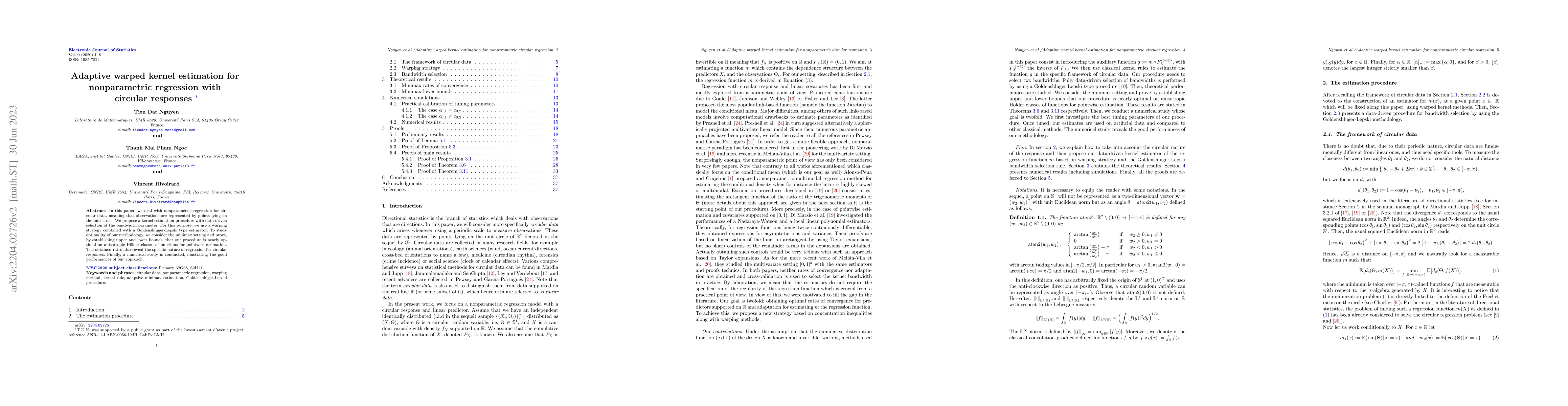 Thumbnail for Adaptive warped kernel estimation for nonparametric regression with
  circular responses