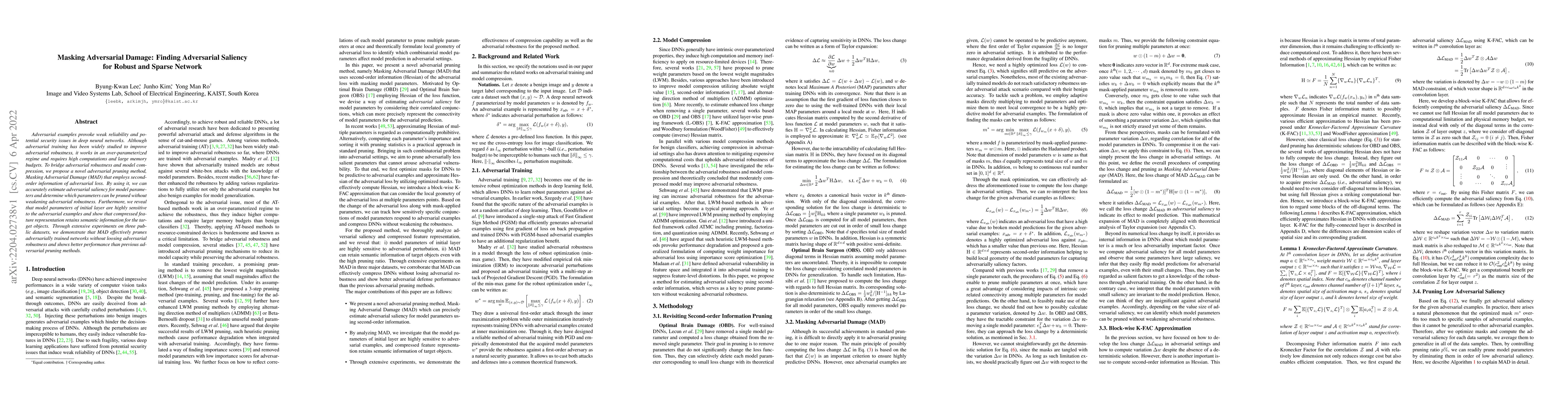 Thumbnail for Masking Adversarial Damage: Finding Adversarial Saliency for Robust and
  Sparse Network