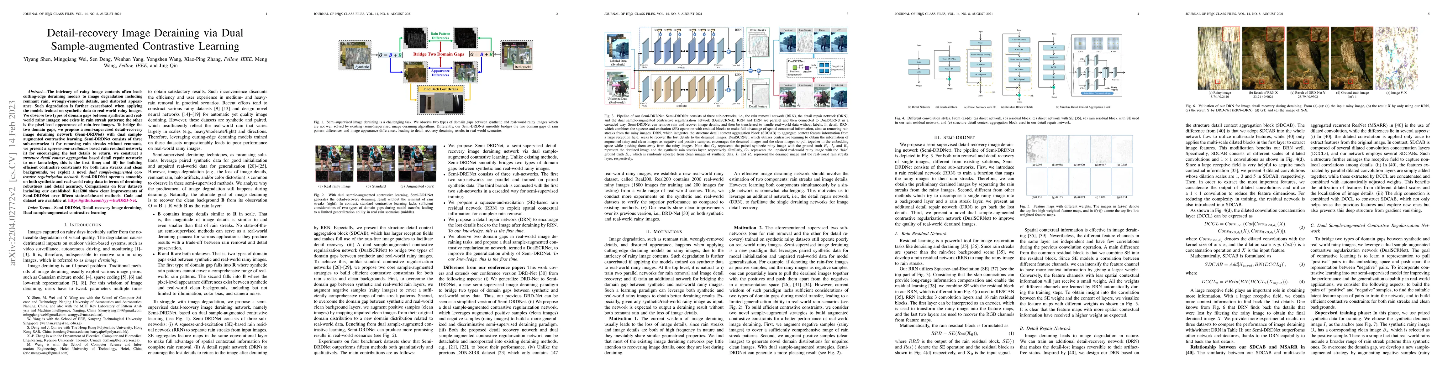 Thumbnail for Detail-recovery Image Deraining via Dual Sample-augmented Contrastive
  Learning
