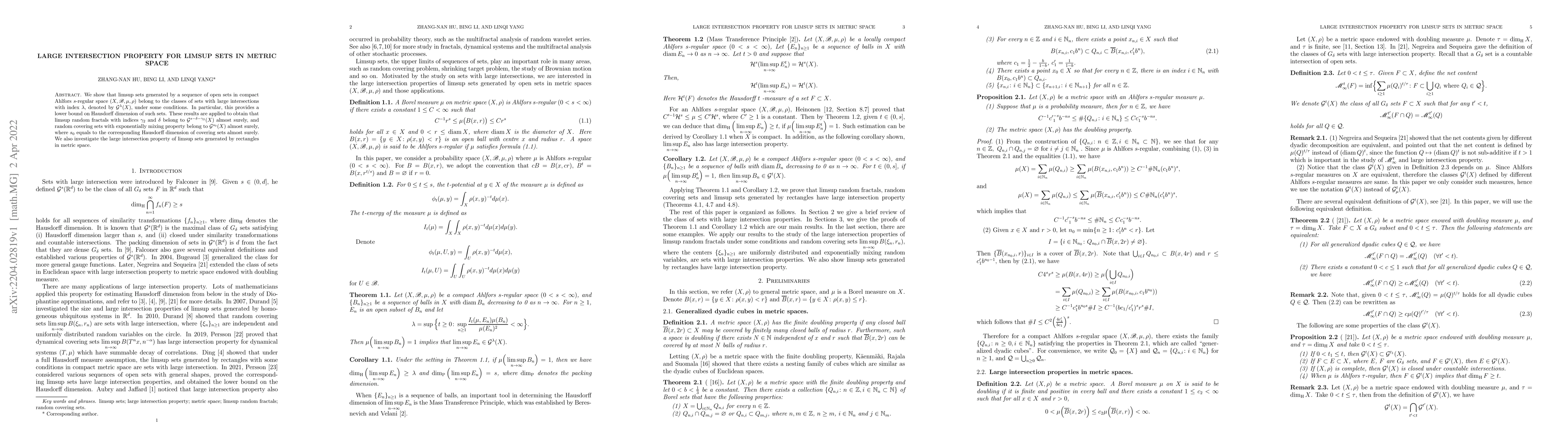 Thumbnail for Large intersection property for limsup sets in metric space