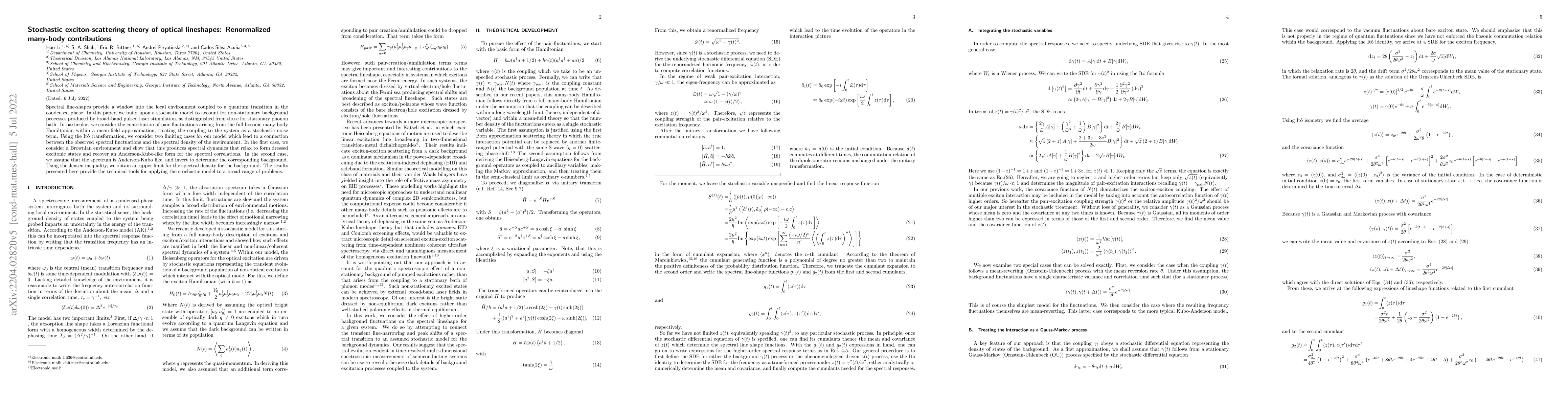 Thumbnail for Stochastic exciton-scattering theory of optical lineshapes: Renormalized
  many-body contributions