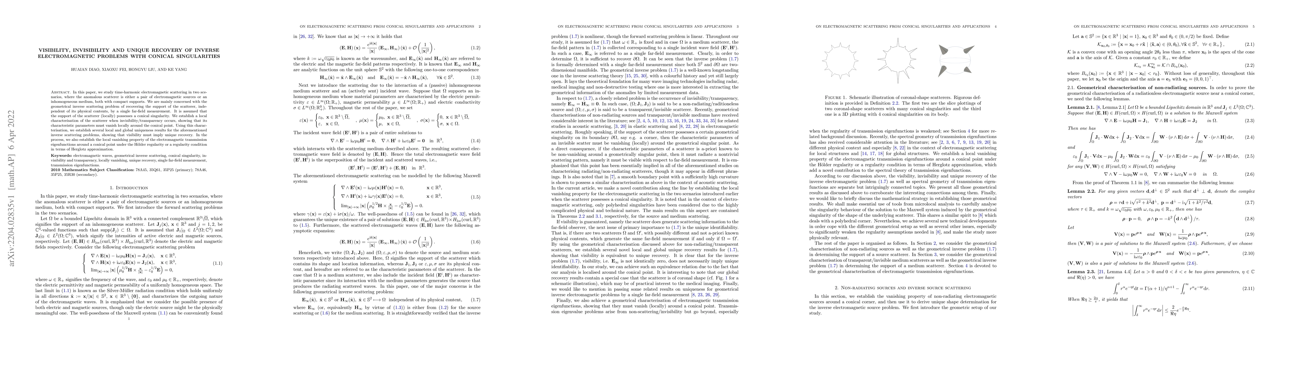 Thumbnail for Visibility, invisibility and unique recovery of inverse electromagnetic
  problems with conical singularities