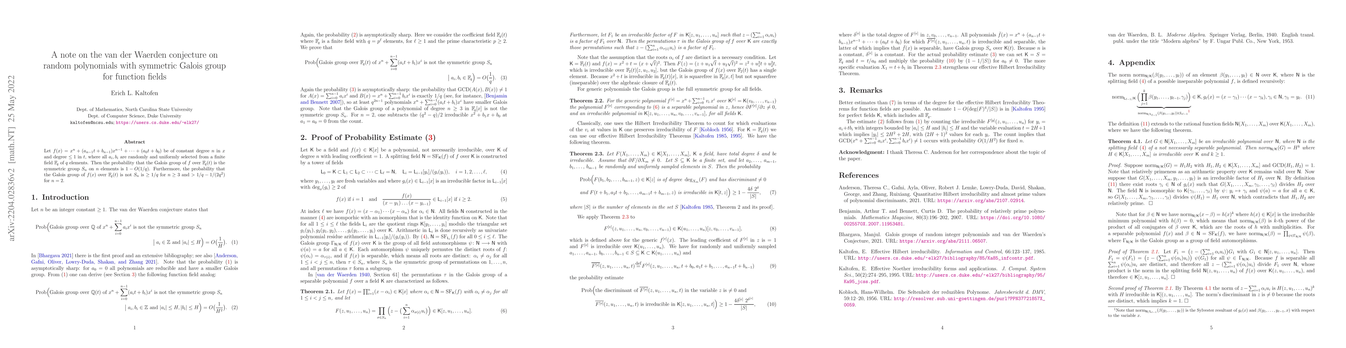 Thumbnail for A note on the van der Waerden conjecture on random polynomials with
  symmetric Galois group for function fields